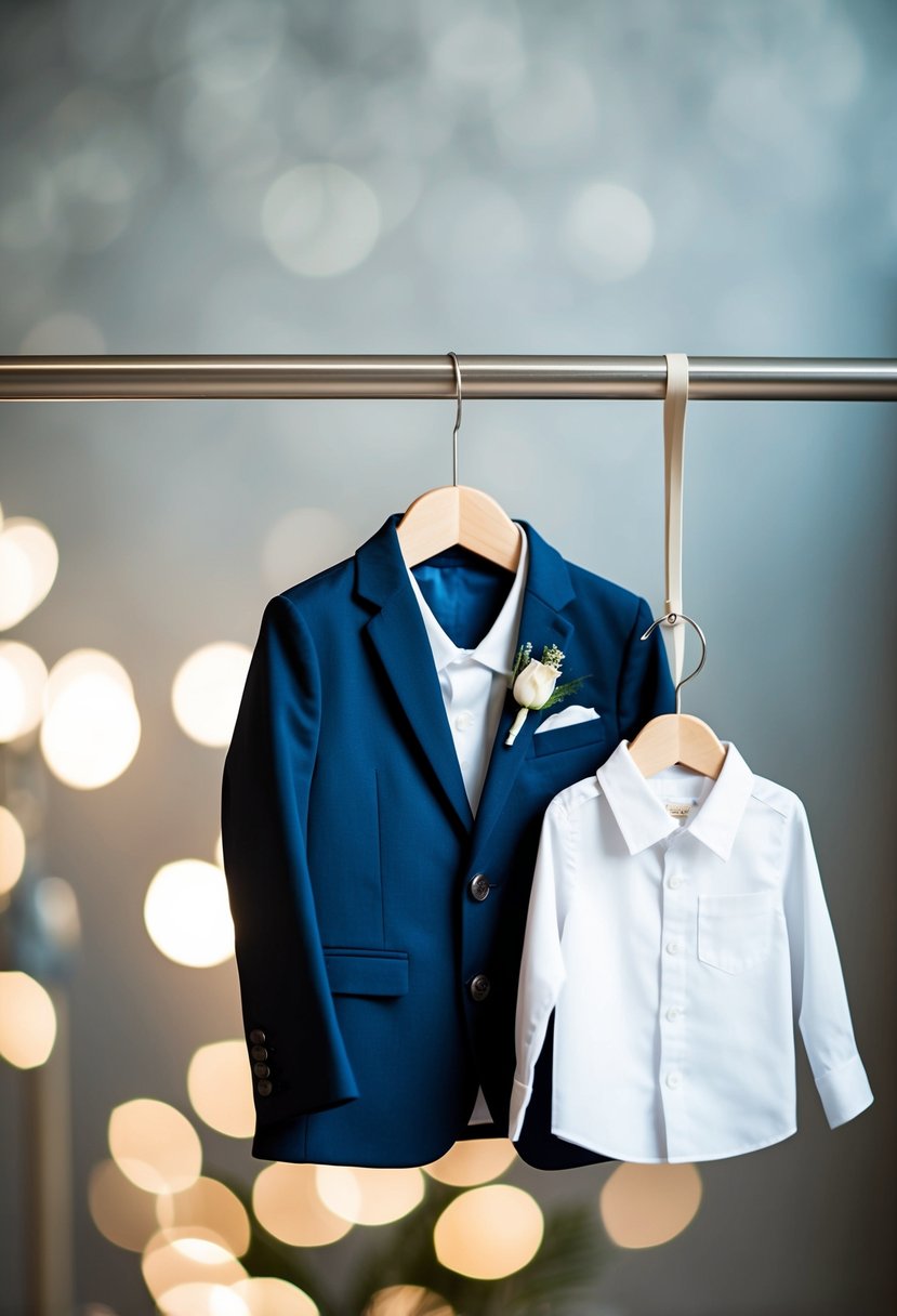 A navy blazer hangs on a hanger next to a neatly folded white shirt, ready for a child's wedding outfit