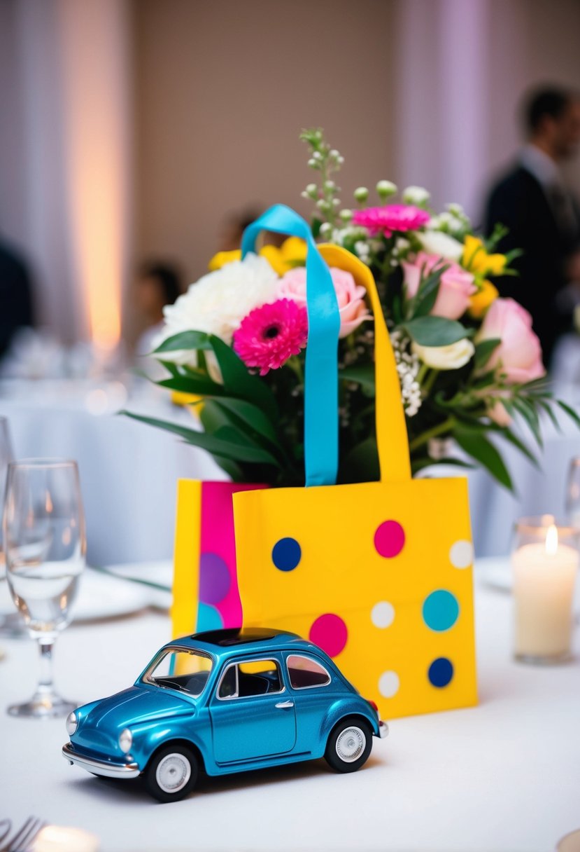 A small toy car sits in a colorful bag next to a bouquet of flowers on a table. The soft light of the wedding venue shines on the items