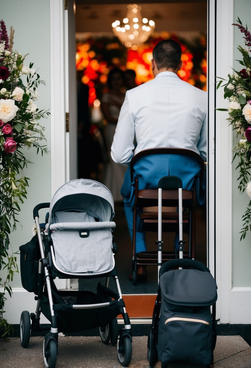 A figure sits near an open exit, with a stroller and diaper bag at their side. The scene is set at a wedding, with flowers and decorations in the background