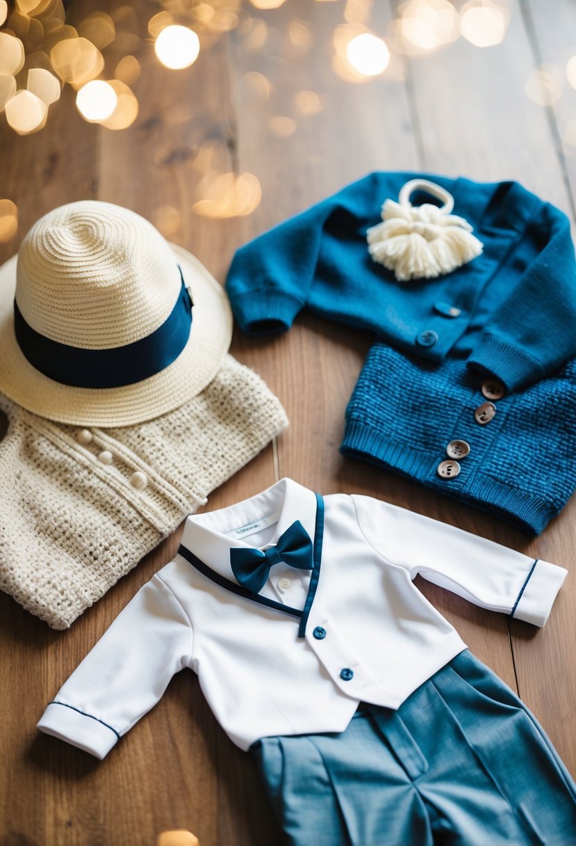 A baby’s formal outfit laid out beside a sun hat and a cozy sweater