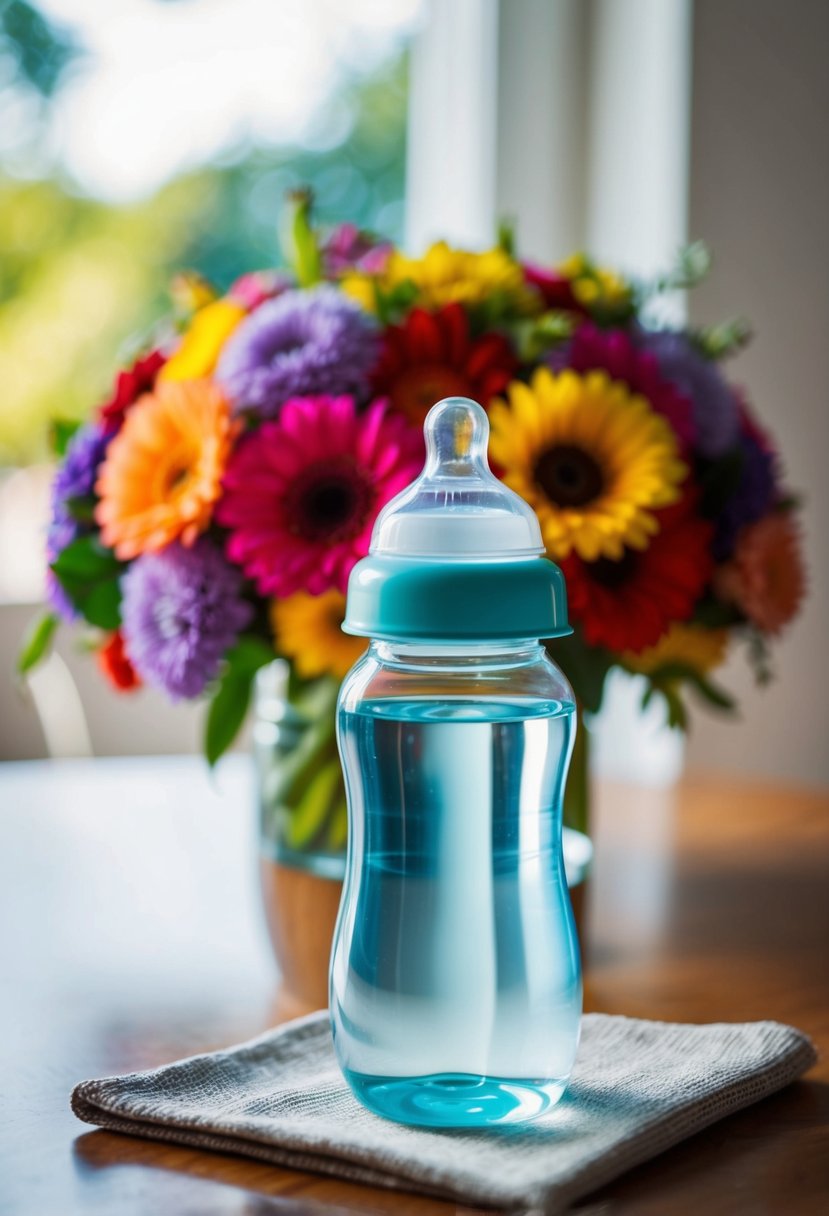 A baby bottle filled with water sits on a table near a colorful bouquet of flowers