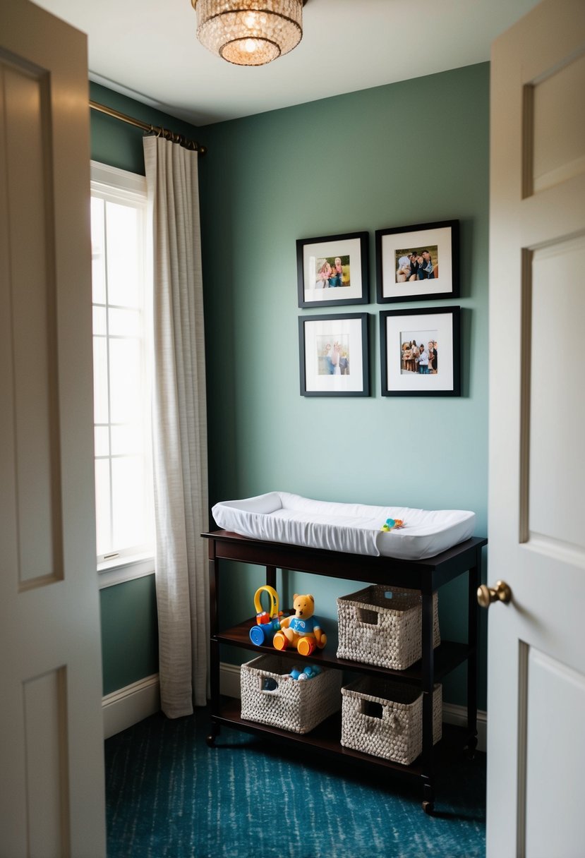 A cozy family room in the venue, complete with toys and a changing table, provides a quiet space for parents to tend to their baby during the wedding