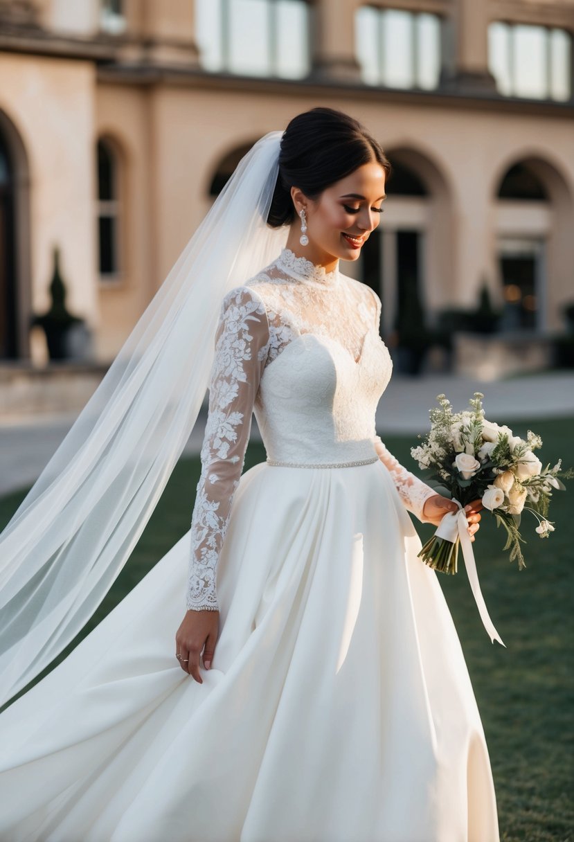 A bride in a flowing, A-line wedding dress with a high neckline, long sleeves, and lace detailing, paired with a bouffant veil and a small, delicate bouquet