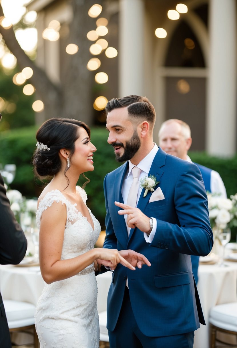 A couple gesturing and speaking to the hosts at a wedding