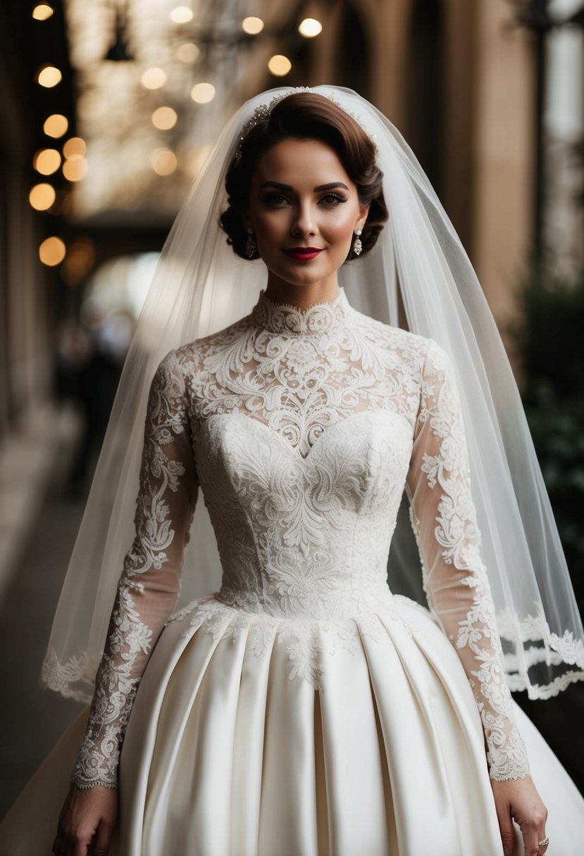 A 1960s style wedding dress with intricate lace detailing, a high neckline, and a fitted bodice, paired with a full skirt and delicate veil