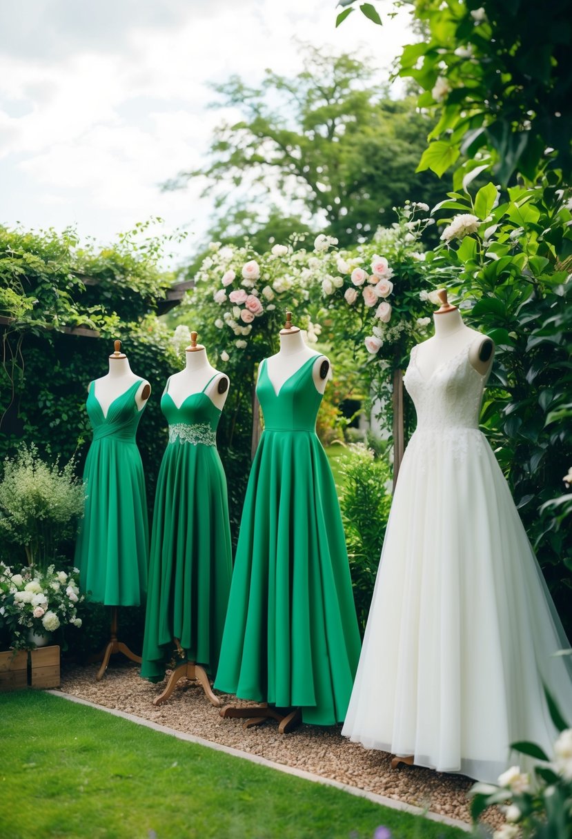 A lush garden with a variety of green wedding dresses displayed on mannequins. Flowers and foliage add to the natural and serene atmosphere