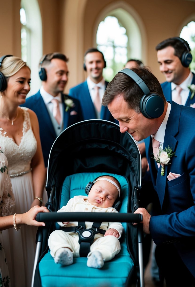 A baby sleeping peacefully in a stroller at a wedding, surrounded by guests wearing noise-canceling headphones