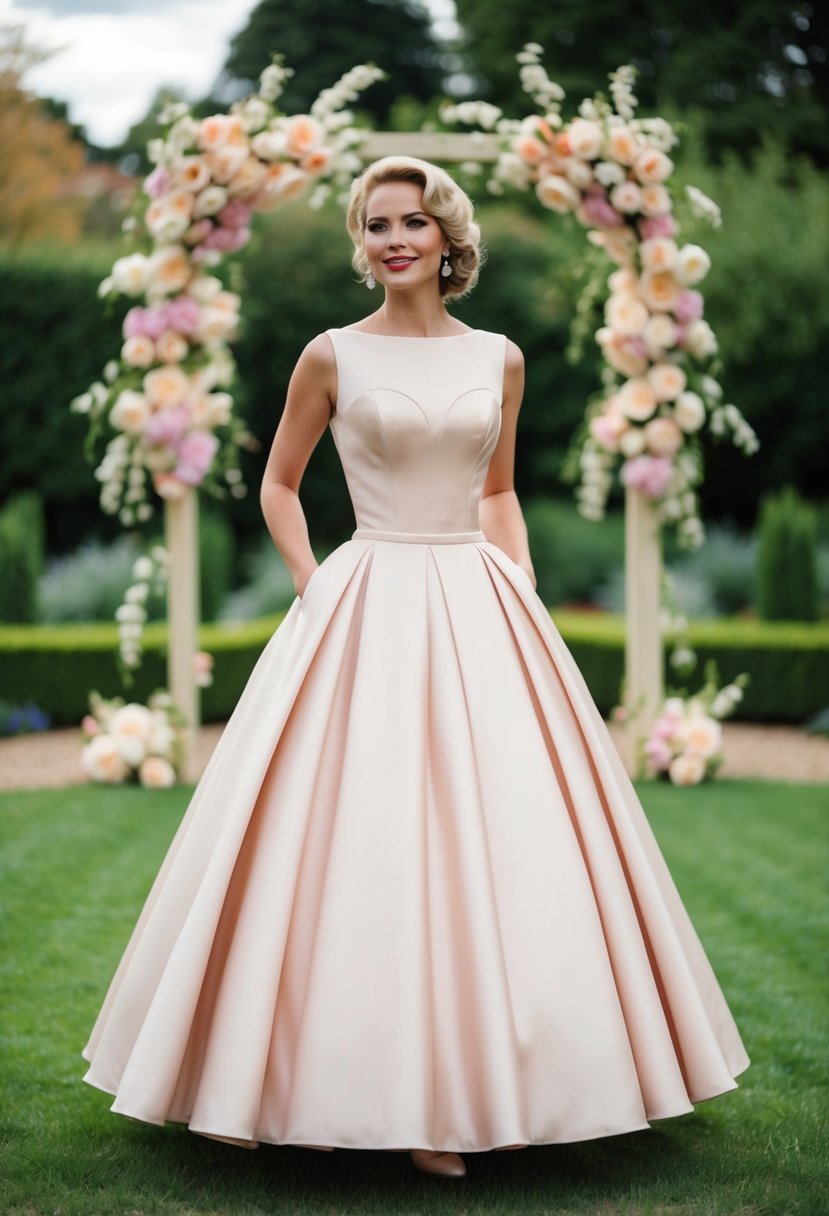 A bride in a blush 1960s-style gown, with a fitted bodice and full skirt, standing in a garden with vintage-inspired floral decorations