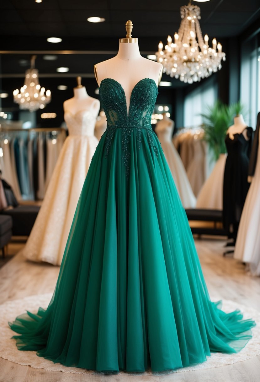 An emerald green ball gown hangs elegantly on a mannequin in a luxurious bridal boutique