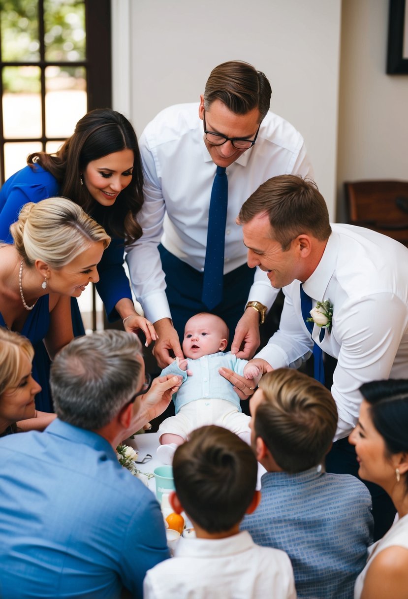 A group of family and friends gather around a baby at a wedding, offering assistance and tips