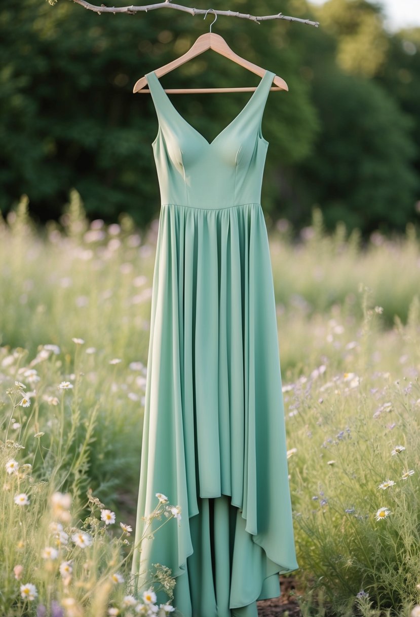 A flowing sage green A-line dress hanging from a rustic wooden hanger, surrounded by delicate wildflowers and soft natural lighting