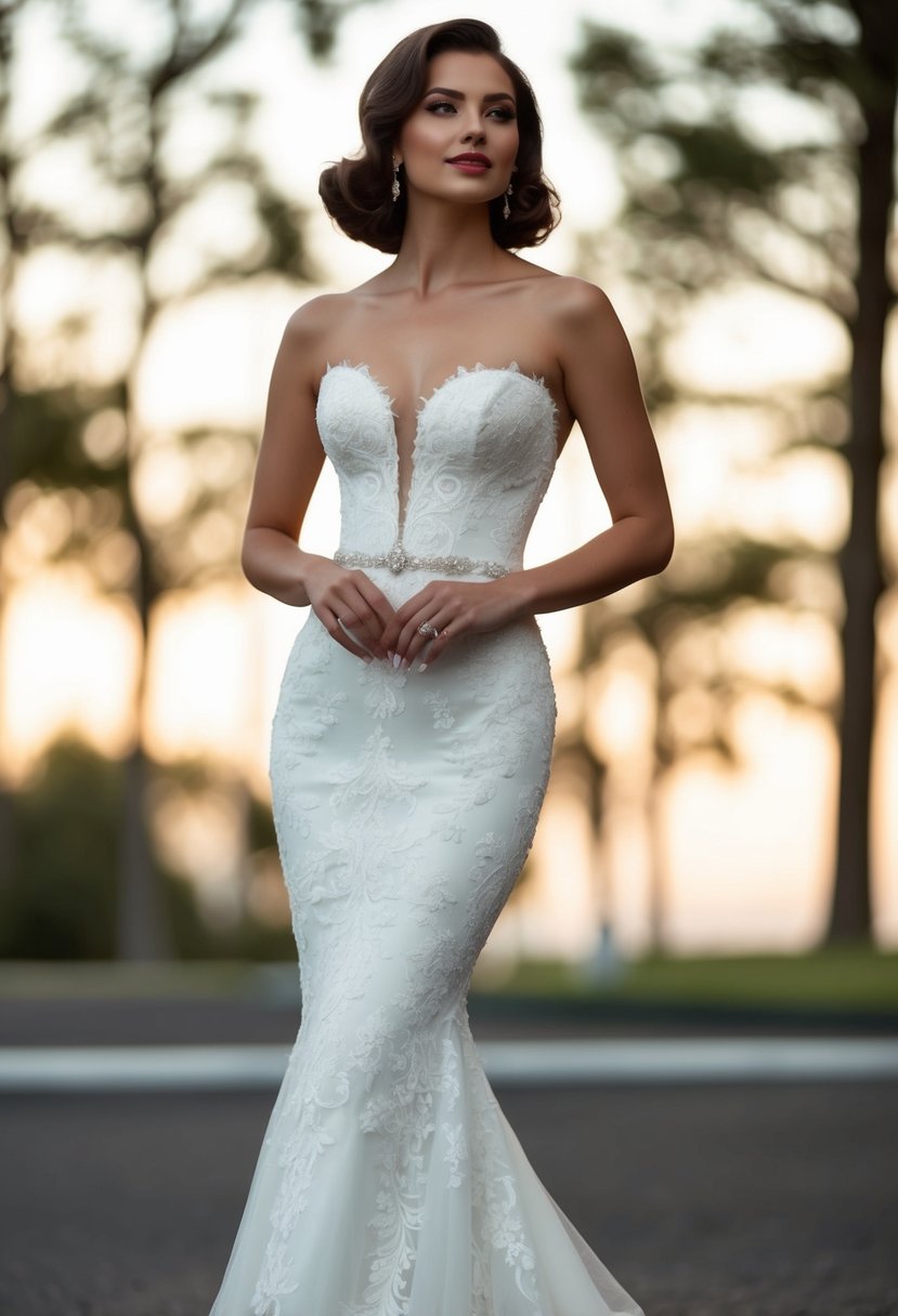 A mermaid silhouette wedding dress with a sleek 1960s style