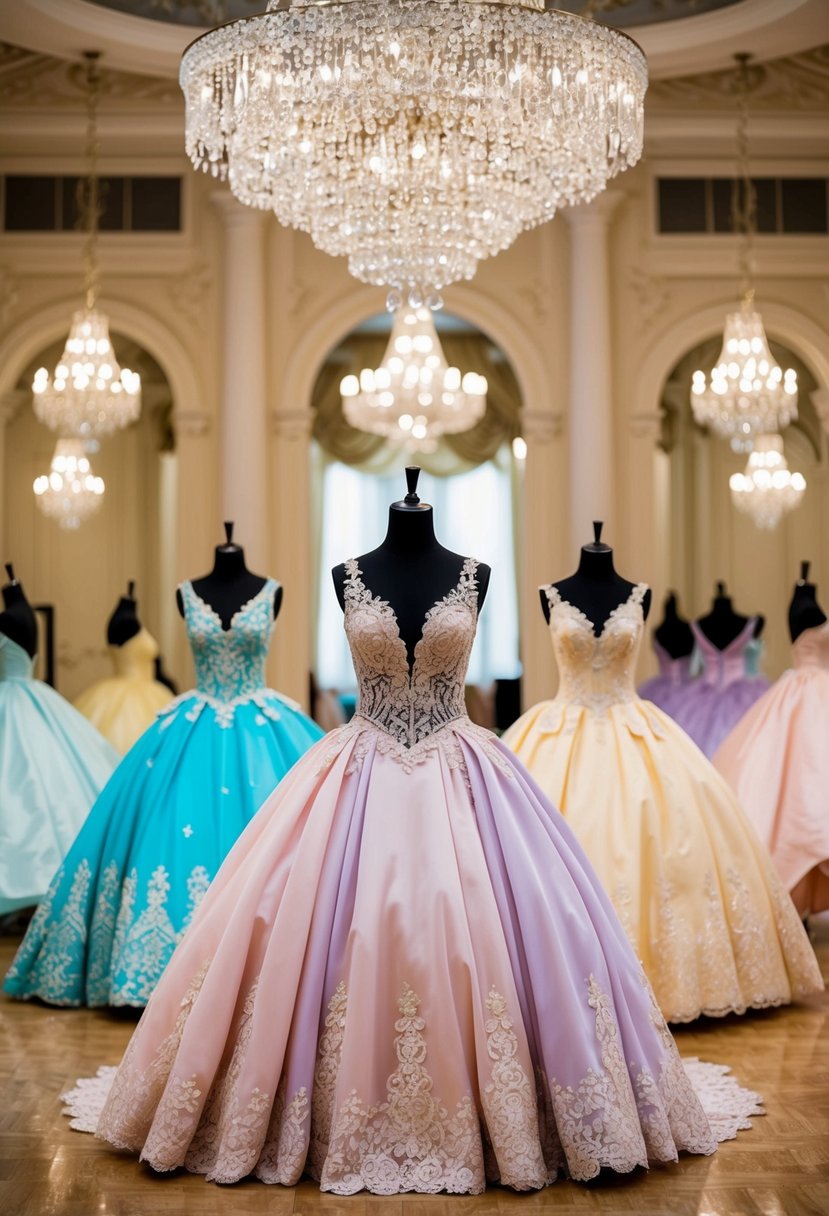 A grand ballroom with a glittering chandelier, adorned with opulent 1960s-style ballgowns in pastel colors and intricate lace details