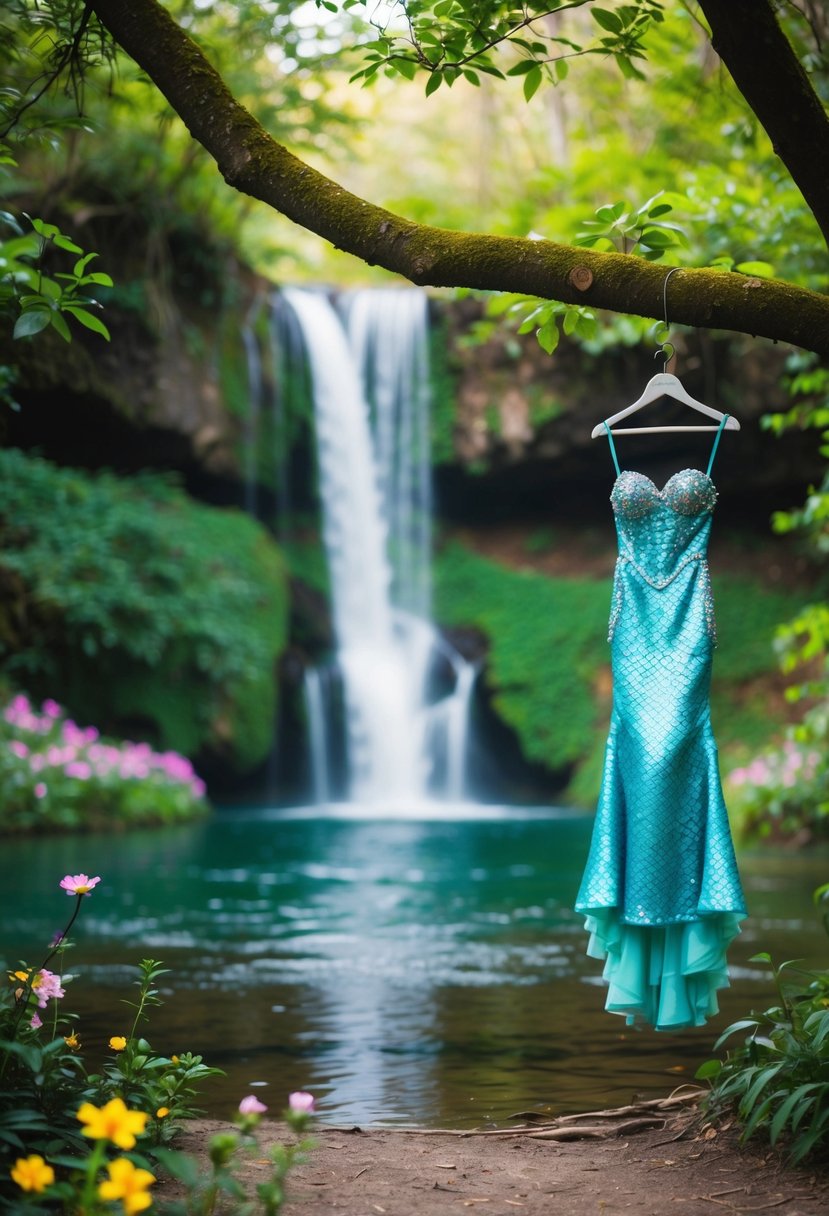 A serene forest clearing with a cascading waterfall, surrounded by lush greenery and vibrant flowers, with a shimmering mermaid dress hanging from a tree branch