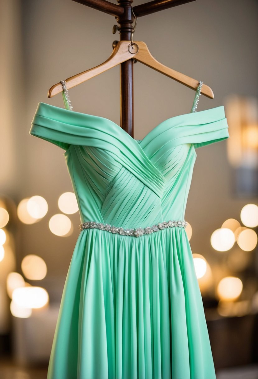 A mint green off-shoulder gown hanging on a vintage wooden dress form