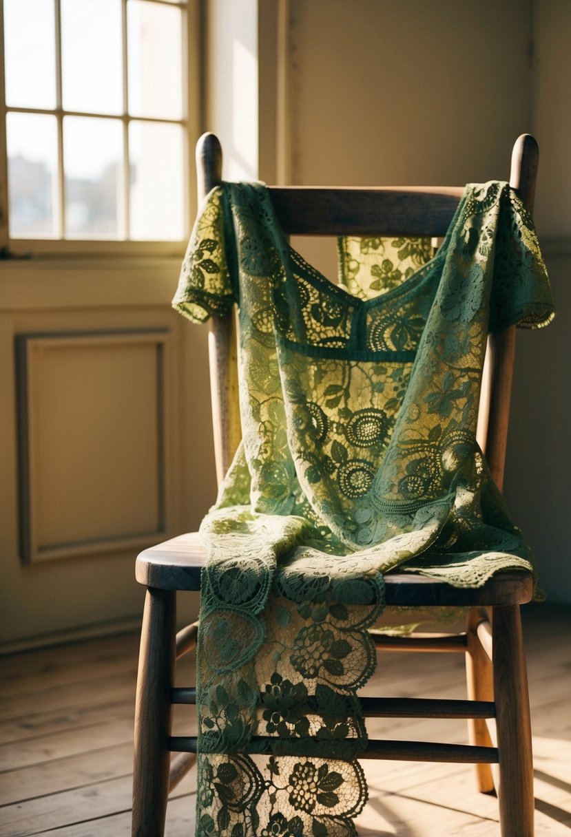 An olive green lace dress draped over a rustic wooden chair in a sunlit room