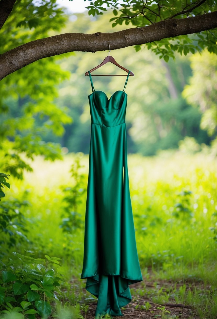 A flowing hunter green satin gown hangs from a tree branch in a lush forest clearing, surrounded by vibrant greenery