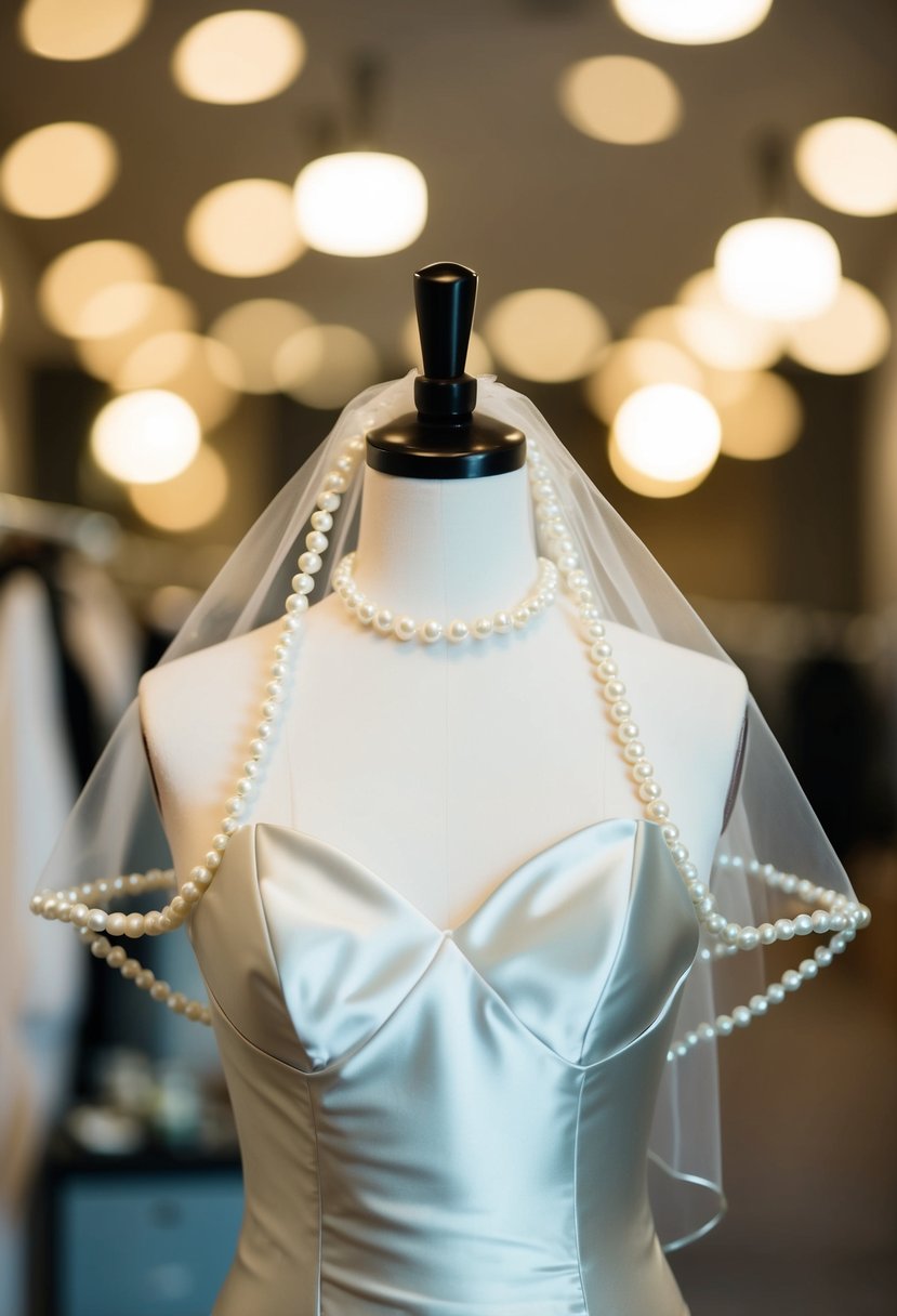 A satin dress with a pearl veil hangs on a sleek mannequin