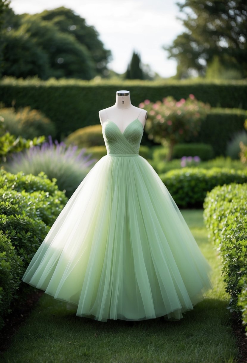 A flowing pistachio tulle dress amidst a lush garden