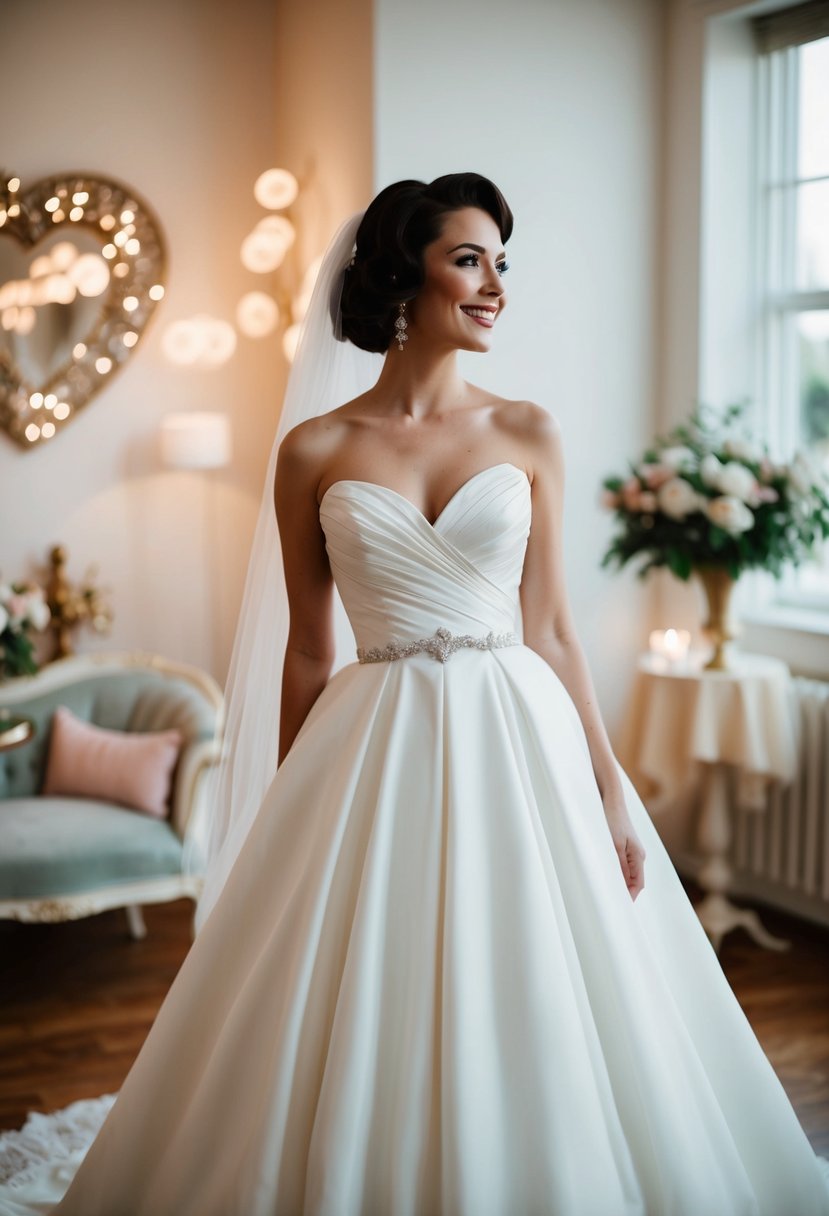 A bride in a 1960s style wedding dress with a sweetheart neckline, standing in a vintage-inspired setting with romantic decor and soft lighting