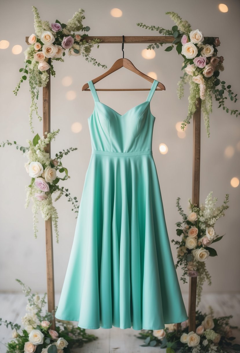 A seafoam green tea-length dress hangs on a rustic wooden hanger, surrounded by delicate floral arrangements and soft natural lighting