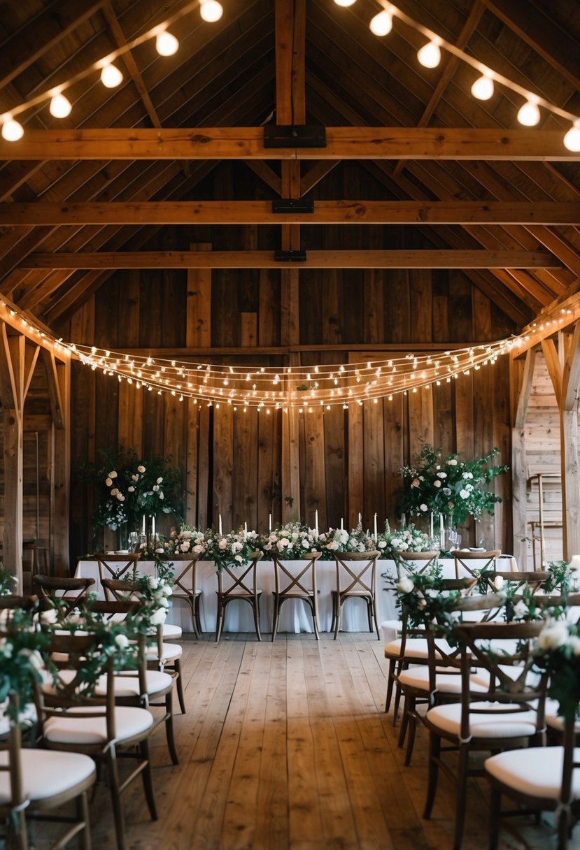 A rustic barn adorned with string lights, floral arrangements, and wooden seating for a wedding celebration