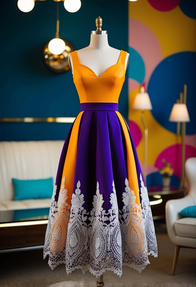 A sleek, drop-waist dress in a bold color with a flared skirt and intricate lace detailing, set against a backdrop of retro 1960s-inspired decor