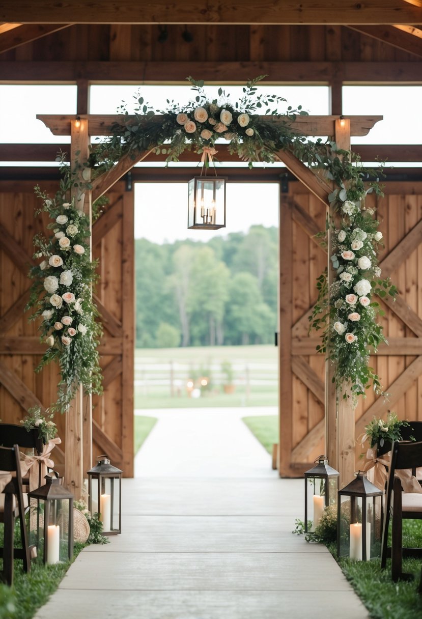 A wooden arch adorned with flowers and greenery stands at the entrance of a rustic barn wedding venue. Lanterns and burlap accents add to the charming decor