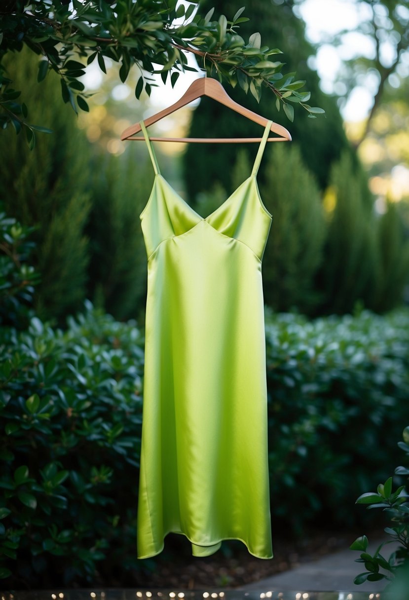 A chartreuse silk slip dress hangs on a hanger, surrounded by greenery and soft lighting