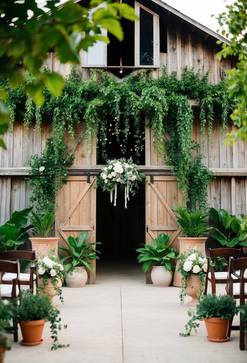 A rustic barn adorned with lush greenery, hanging vines, and potted plants, creating a natural and organic backdrop for a wedding celebration