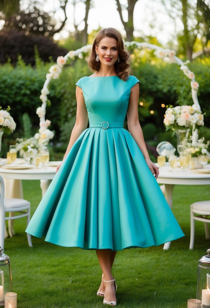 A woman in an A-line dress, with a cinched waist and flared skirt, standing in a garden surrounded by vintage 1960s wedding decor