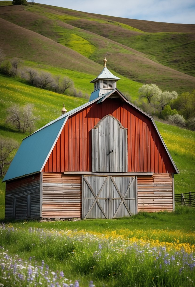 A rustic barn with weathered red siding, a large wooden door, and a charming cupola sits nestled among rolling hills and surrounded by blooming wildflowers