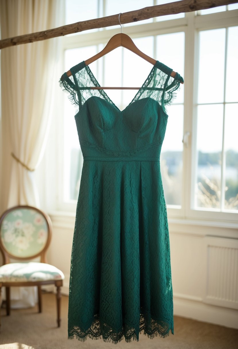 A moss green vintage lace dress hanging on a rustic wooden hanger in a sunlit room