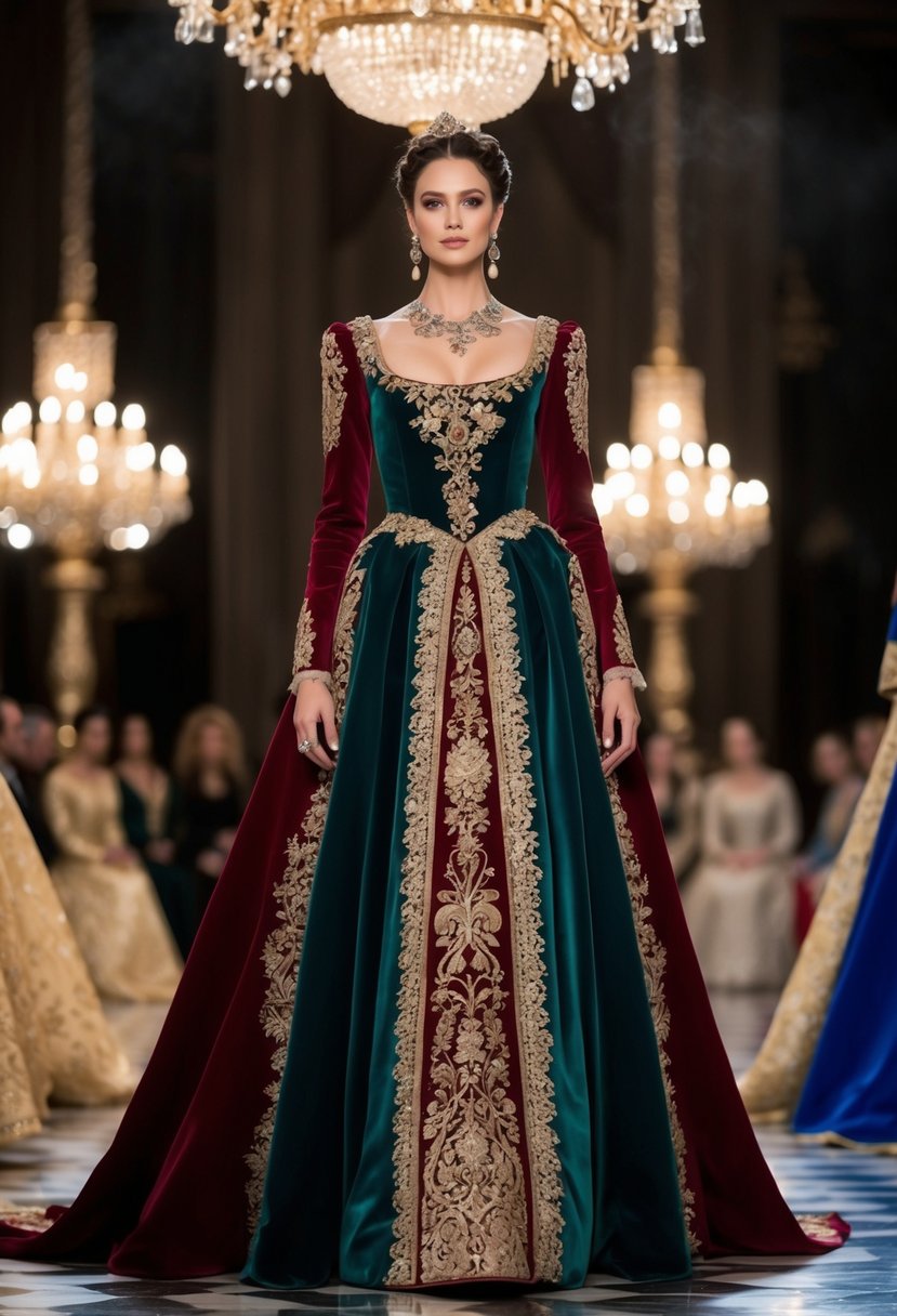 Opulent, floor-length Renaissance-inspired gowns in rich, jewel-toned fabrics. A-line silhouette with intricate embroidery and delicate lace details