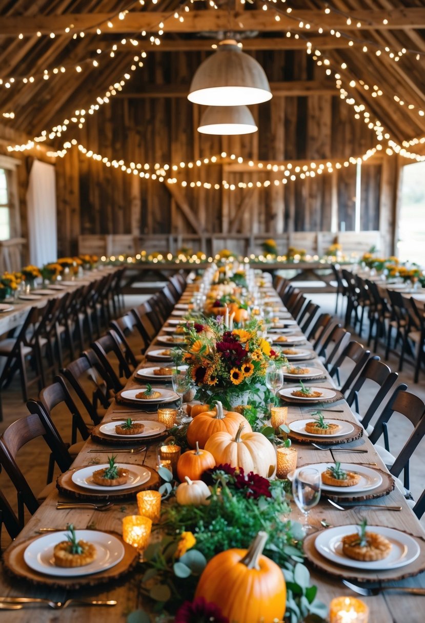 A rustic barn adorned with twinkling lights and bountiful harvest decor. Long wooden tables set with fresh flowers and locally-sourced farm-to-table dishes