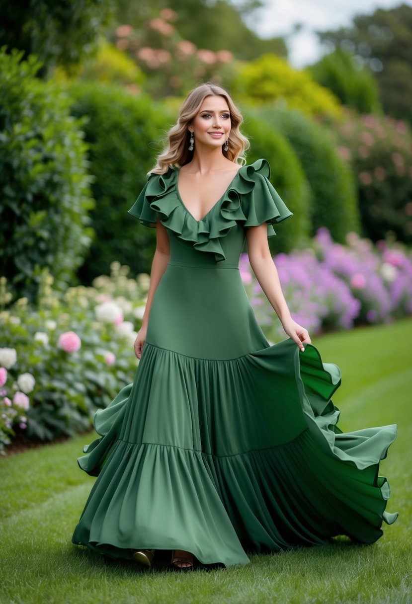 An elegant army green ruffled gown flowing in the wind, surrounded by lush greenery and blooming flowers