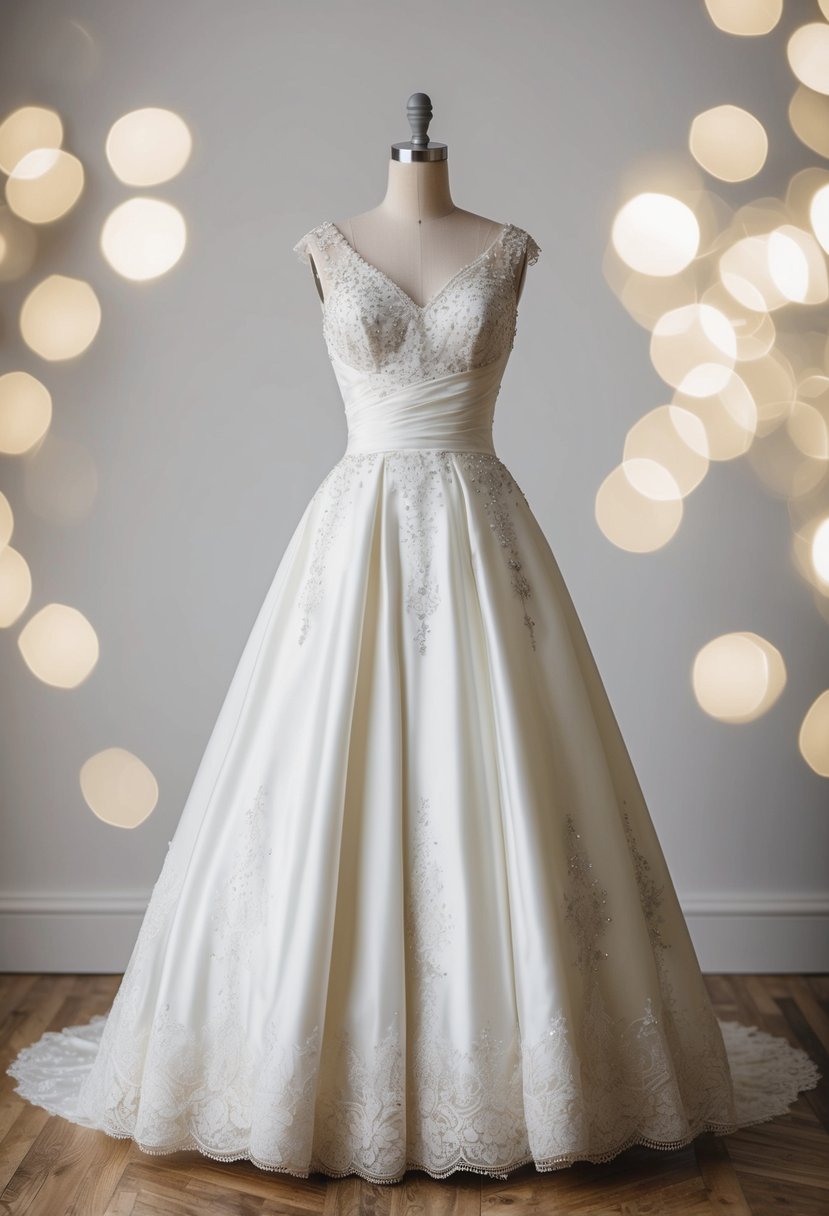 A 1960s style wedding dress with a fit-and-flare silhouette, featuring a cinched waist and a flared skirt, adorned with delicate lace and intricate beading