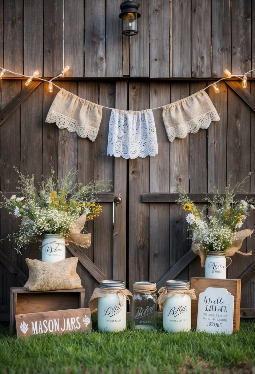 A rustic barn adorned with vintage accents: lace, burlap, mason jars, and wildflowers. Twinkling lights and wooden signs add to the charming decor