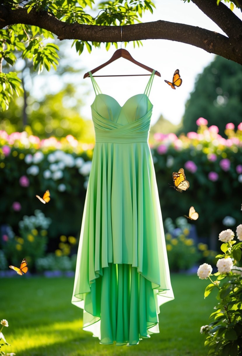 A pear green high-low dress hangs from a tree branch in a lush garden, surrounded by blooming flowers and fluttering butterflies