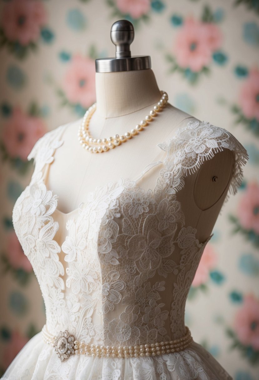 A delicate lace wedding gown adorned with vintage pearls and dainty earrings, set against a backdrop of retro floral patterns and soft pastel colors