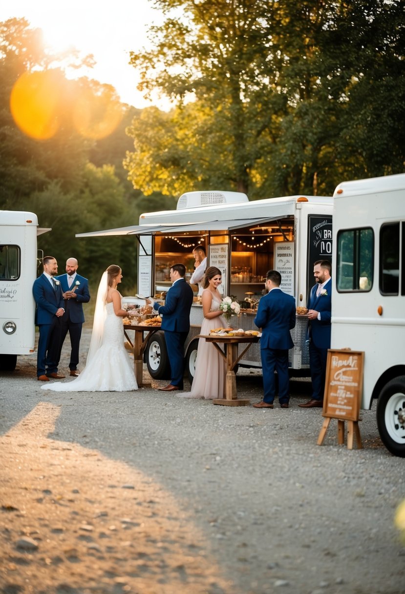 A rustic barn wedding with food trucks parked outside, serving a variety of delicious dishes to guests under the warm afternoon sun