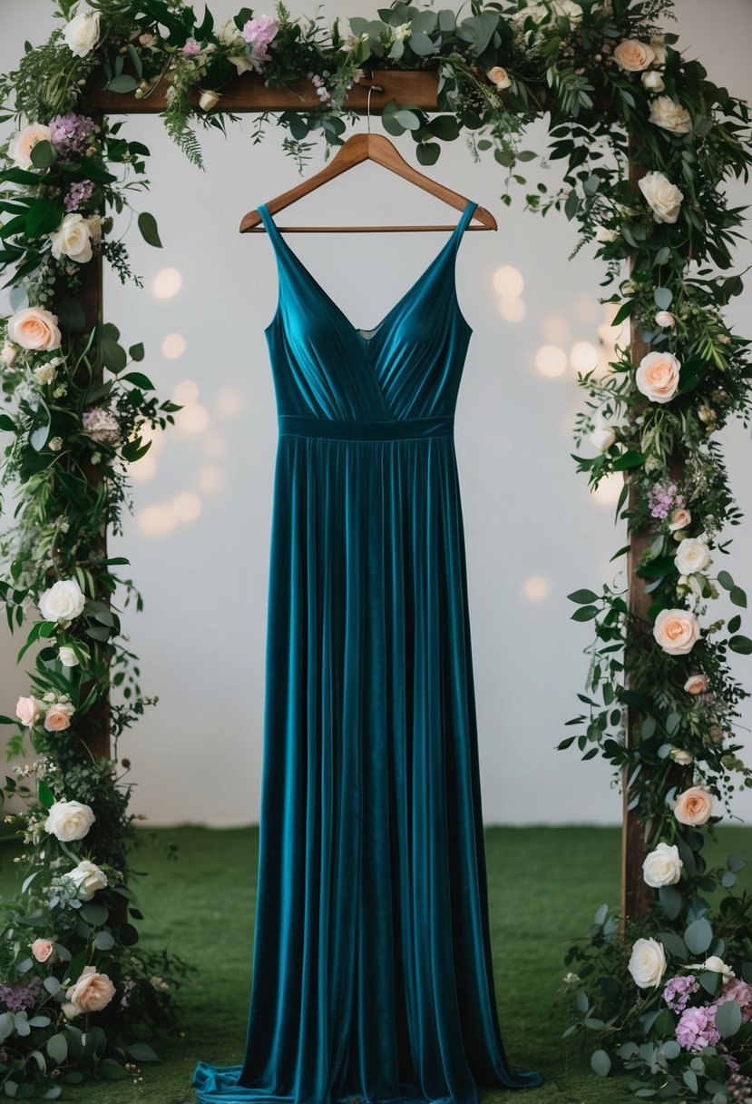 A flowing teal velvet maxi dress hangs from a rustic wooden hanger, surrounded by lush greenery and delicate floral arrangements