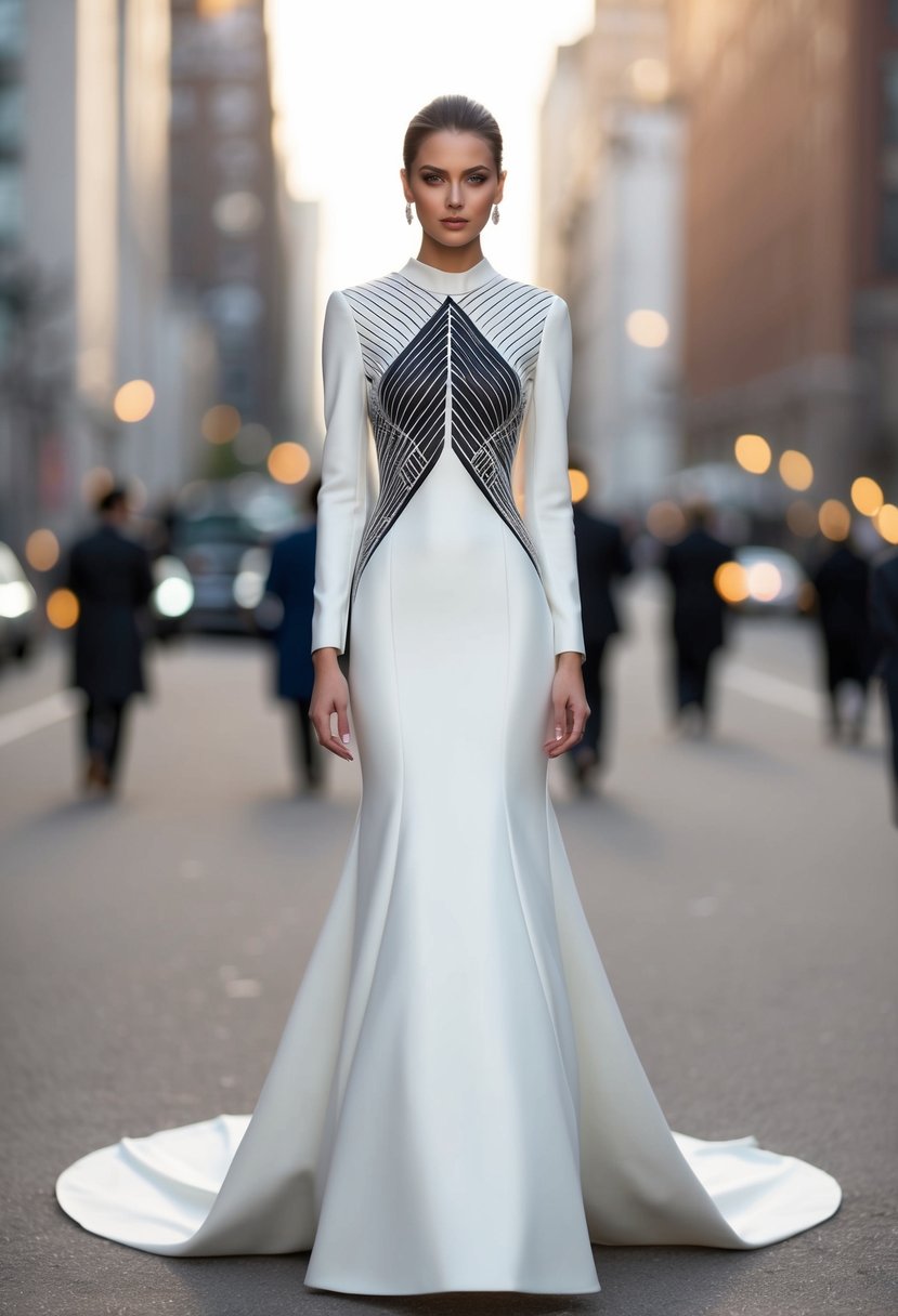 A sleek, floor-length, white A-line wedding dress with a high neckline and bold geometric patterns adorning the bodice and sleeves