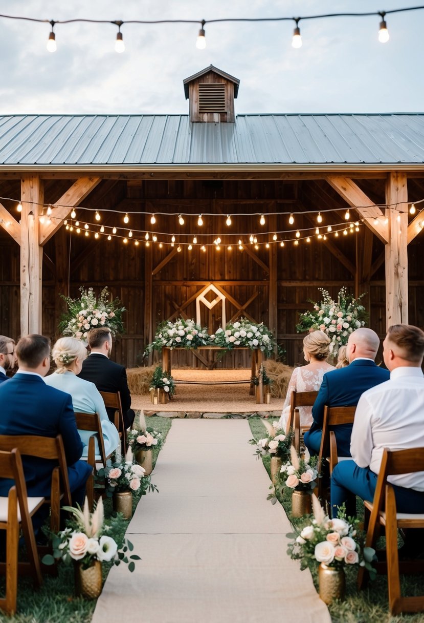 A rustic barn wedding setup with string lights, floral arrangements, and cozy seating around a central ceremony area