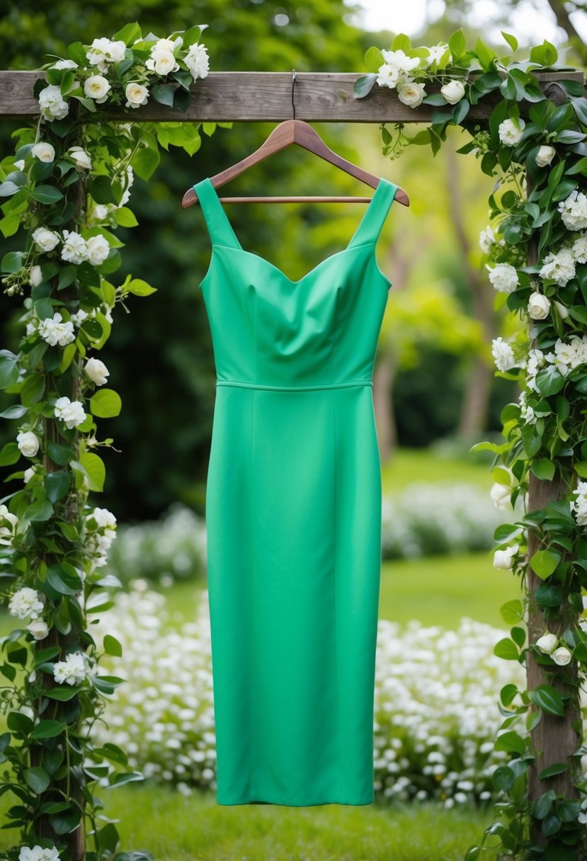 An avocado green sheath dress hanging on a rustic wooden hanger, surrounded by lush greenery and delicate white flowers