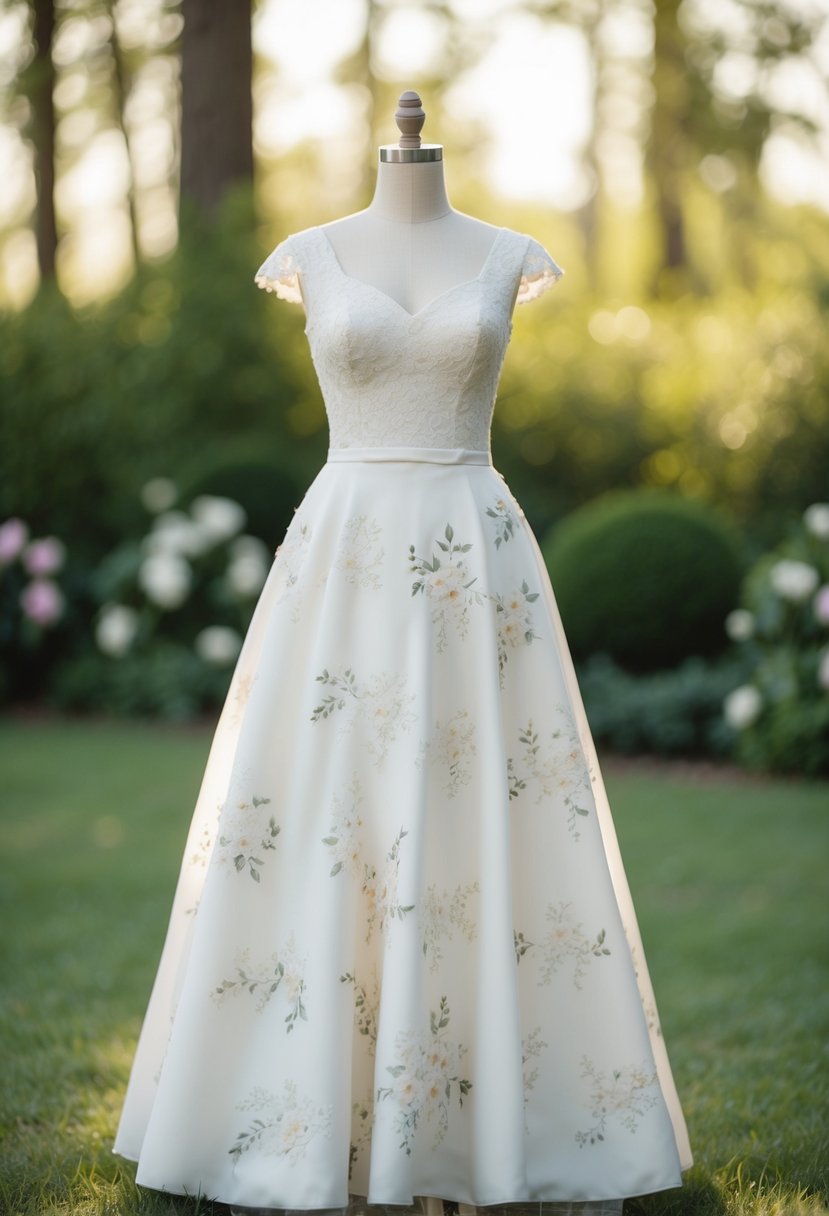 A 1960s style wedding dress adorned with delicate floral patterns, reminiscent of the era's romantic and feminine aesthetic