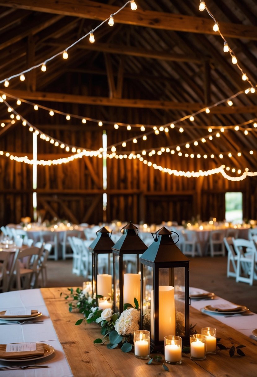 A rustic barn adorned with string lights, lanterns, and candles casting a warm glow over the wedding reception