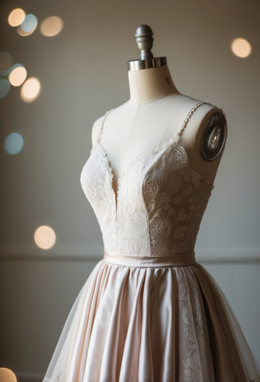 Different fabrics layered on a mannequin for a 1960s style wedding dress, featuring lace, satin, and tulle for a textured finish