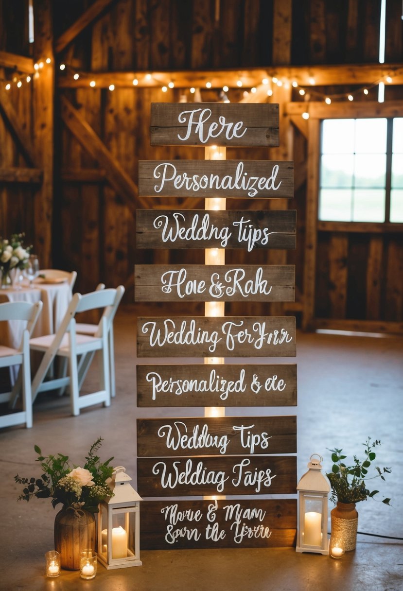 A rustic barn with hand-painted signs offering personalized wedding tips. Rustic decor and string lights create a cozy atmosphere