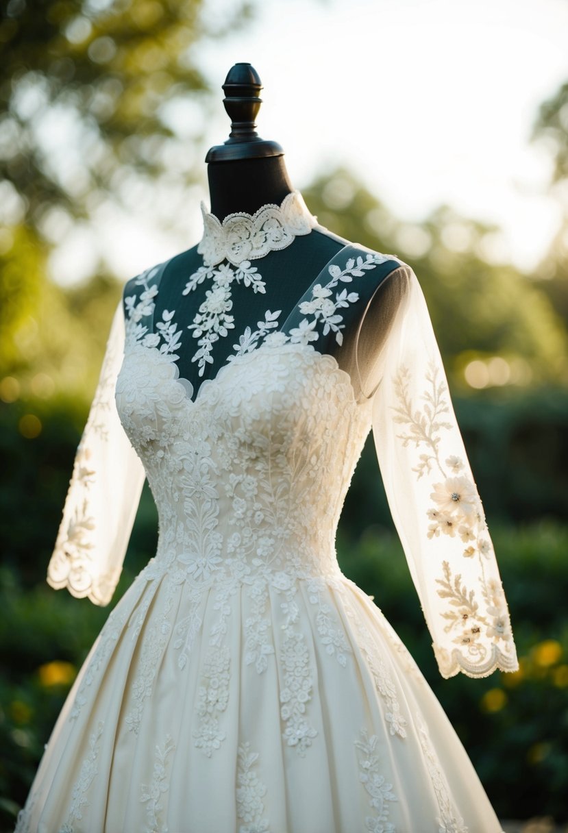 A 1960s style wedding dress with intricate lacework and delicate embroidery, featuring a high neckline and a full skirt, adorned with floral patterns and scalloped edges